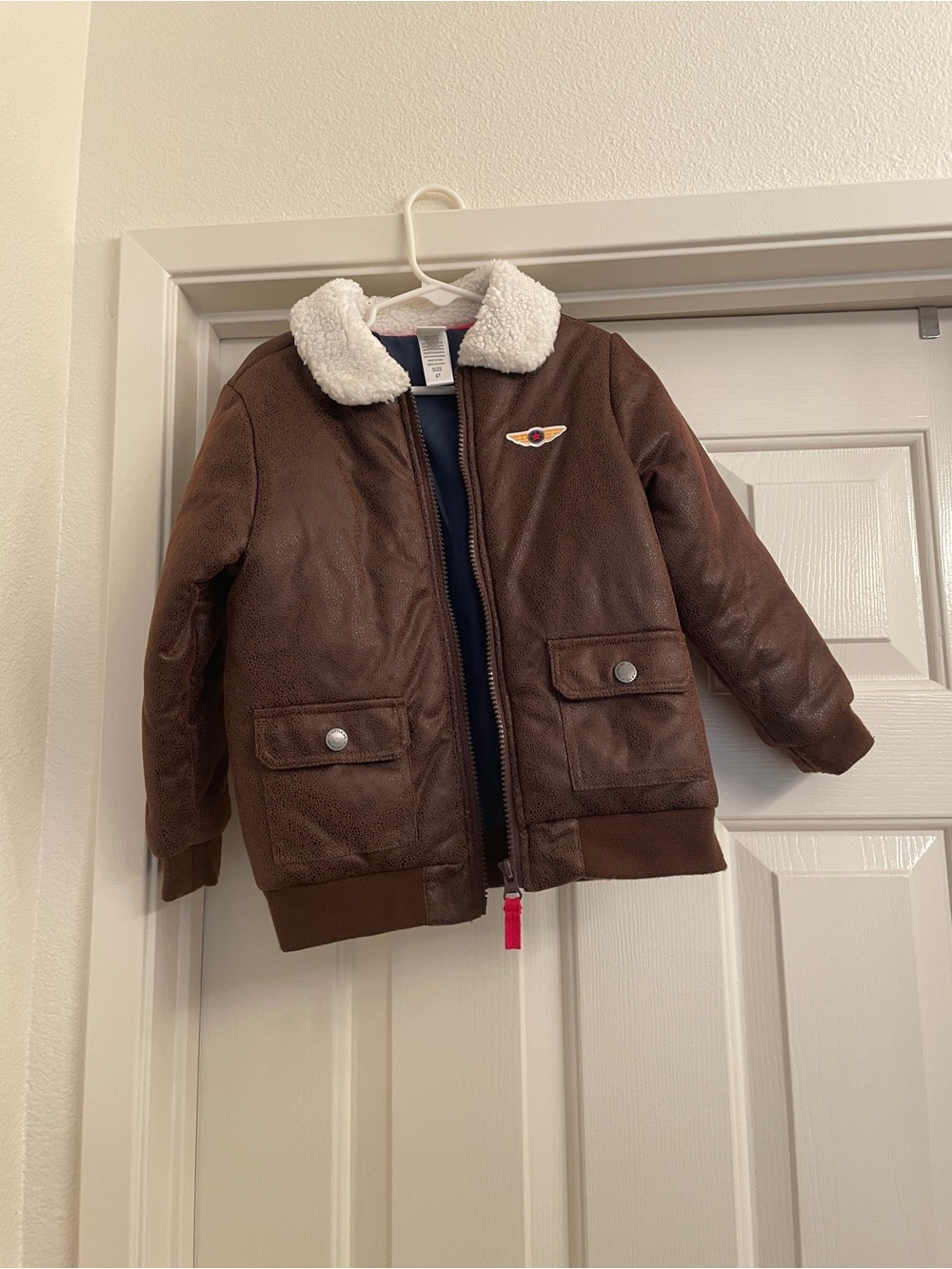 Little Me Brown Faux-Leather Puffer Jacket with White Sherpa Collar
